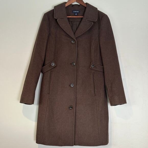 Lands End Wool Long Coat Size 14 Dark Brown Overcoat Trench Academia Preppy EUC - Picture 1 of 10